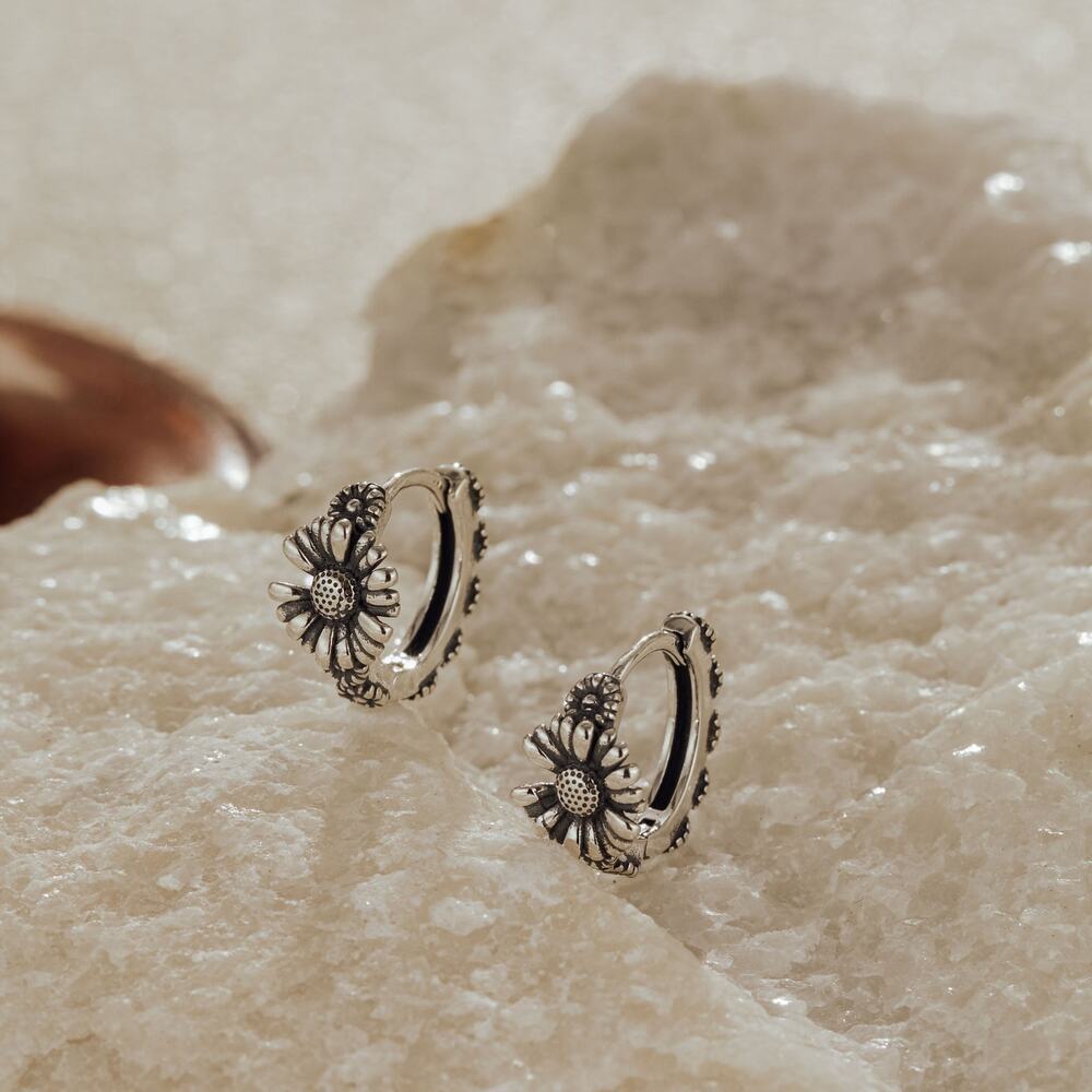 Oxidized Sunflower Sterling Silver Huggie Earrings